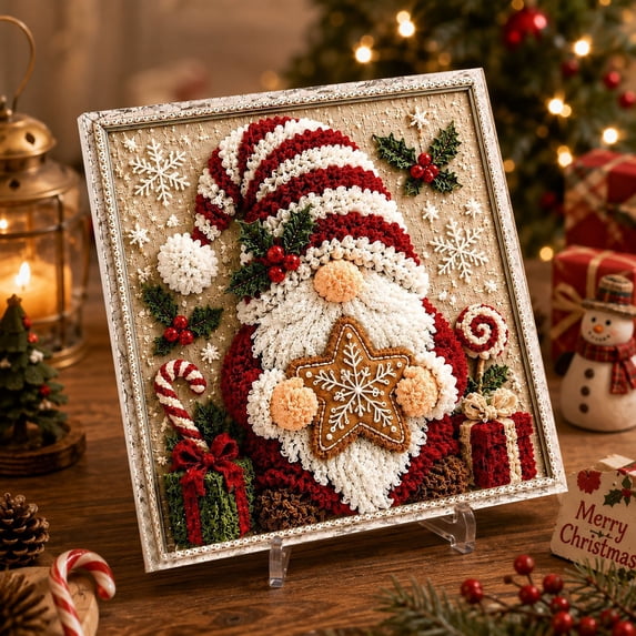 3D Fabric Poke Art Kit Santa Gingerbread 7.87in Christmas DIY Craft Set with Frame Stand and Poke Tool for Home Decor and Gift