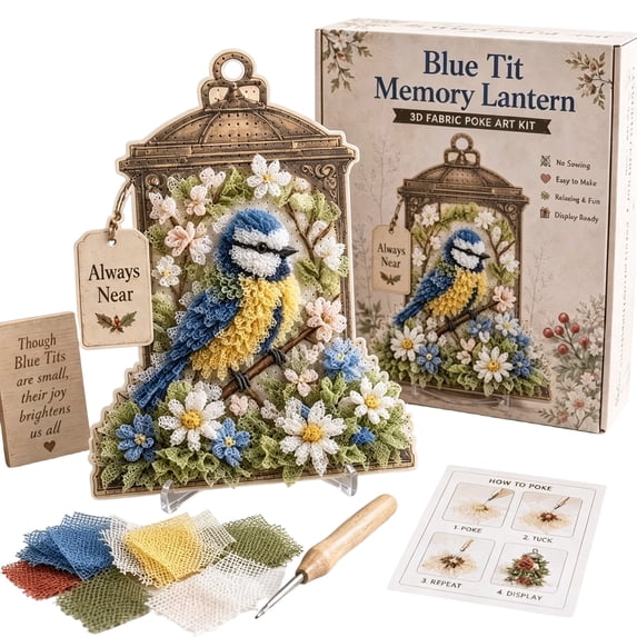 3D Fabric Poke Art Lantern DIY Kit for Adults,Textured Fabric Embroidery Craft Set,Beginner Friendly Handmade Lantern Home Decor,Bule Tit