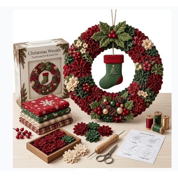 Clothart 3D Fabric Poke Art Wreath DIY Kit, Holiday Fabric Craft Wreath Making ...