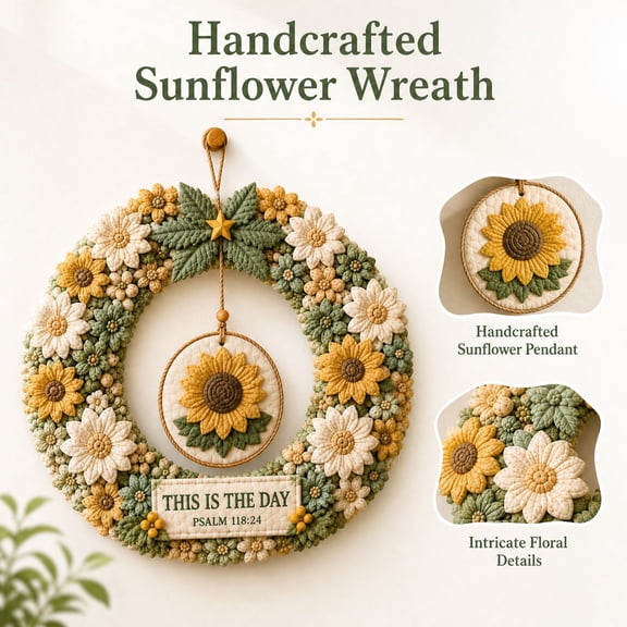 3D Fabric Poke Sunflower Wreath DIY Kit, Punch Needle Wreath Making Set with Full Supplies,Handmade Craft Kit for Adults & Beginners, Front Door & Wall Xmas Home Decor