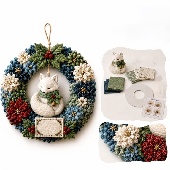 3D Fabric Poke Wreath DIY Kit for Adults Christmas Holiday Decor, Relaxing Handmade Art Kit, Simple Poke Craft, Includes Hook, Cute White Fox Wreath Ornament