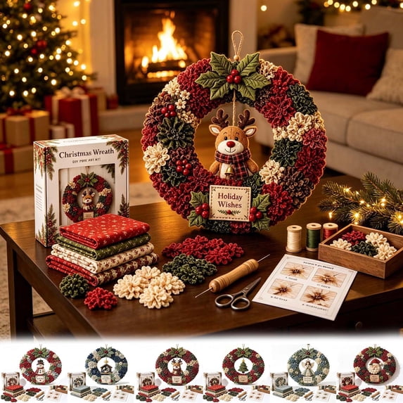 3D Fabric Poke Wreath DIY Kit, Beginner‑Friendly Christmas Wreath Making Craft Set, Fun Holiday Art Project for Adults, Beautiful Decorative Wreath for Front Door and Seasonal Home, D