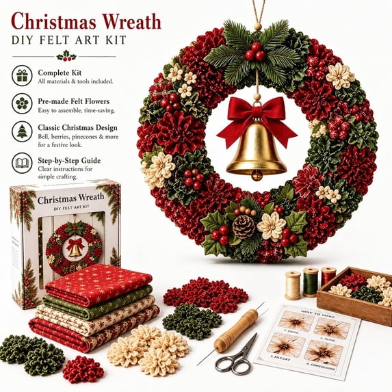 3D Fabric Poke Wreath DIY Kit, Christmas Bell Wreath DIY Kit for Adults and Beginners, Beginner Friendly Fabric Poke Art Craft for Front Door, Wall and Christmas Home Decor