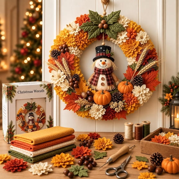 3D Fabric Poke Wreath DIY Kit Christmas Holiday Craft Set, Christmas Fabric Art Door Hanging Craft Kit,Beginner-Friendly Holiday Wreath Making Kit,Door Decor