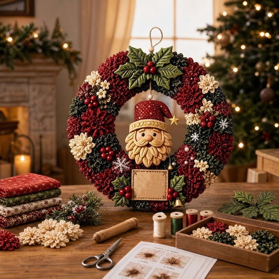 3D Fabric Poke Wreath DIY Kit, Christmas Santa Wreath Making Set, No-Sew Beginner Fabric Art Craft for Front Door Holiday Wall Decor and Gift
