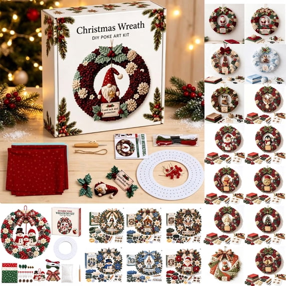 3D Fabric Poke Wreath DIY Kit, Christmas Wreath Craft Kit for Adults, No-Sew Beginner Handmade Hanging Decoration for Front Door Home Wall Holiday Decor 32*32cm