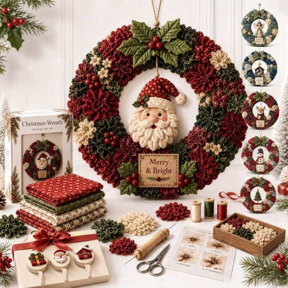 3D Fabric Poke Wreath DIY Kit, Christmas Wreath Craft Kit for Adults poke art for adults, beginner-friendly no-sew craft, 3D texture, relaxing holiday project, handmade door decor