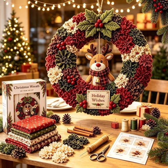 3D Fabric Poke Wreath DIY Kit, Christmas Wreath DIY Kit for Adults, Art Craft Kit, Beginner-Friendly Holiday Wreath Making Kit & Door Decor