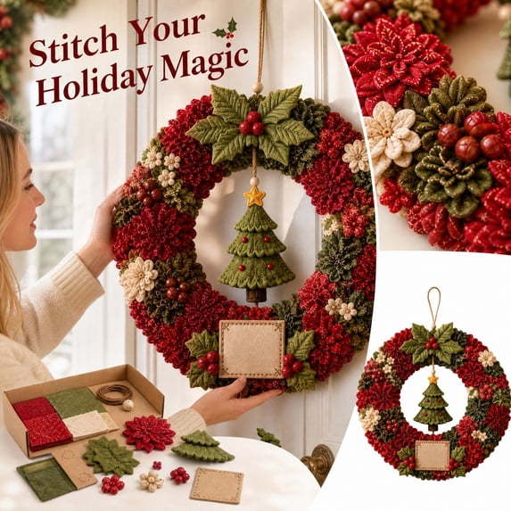3D Fabric Poke Wreath DIY Kit, Christmas Wreath DIY Kit for Adults, Fabric Poke Art Kits for Beginner(Christmas Tree)