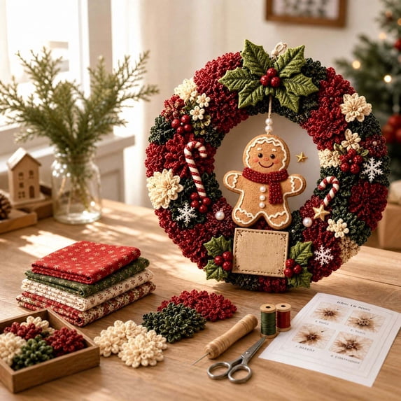 3D Fabric Poke Wreath DIY Kit, Christmas Wreath DIY Kit for Adults (Gingerbread Man)