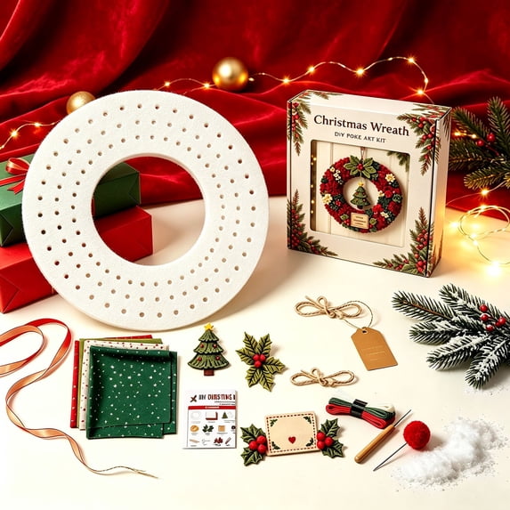 3D Fabric Poke Wreath DIY Kit, Christmas Wreath DIY Kits for Adults 3D Fabric Poke Art Craft Kit, Beginner-Friendly Holiday Wreath Making Kit, Door & Wall Decor, Christmas Decorations