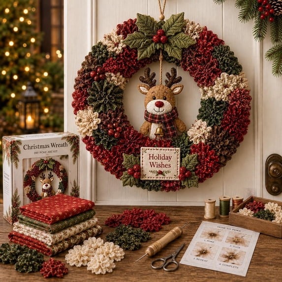 3D Fabric Poke Wreath DIY Kit,Christmas Wreath Making Kit for Beginner & Adults, No-Sew Fabric Craft Kit,DIY Holiday Decor, Handmade Christmas Art Project Gift,Reindeer