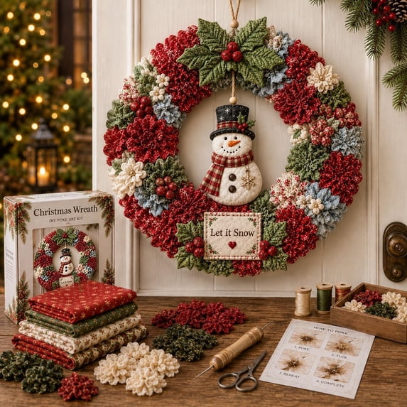 3D Fabric Poke Wreath DIY Kit,Christmas Wreath Making Kit for Beginner & Adults, No-Sew Fabric Craft Kit,DIY Holiday Decor, Handmade Christmas Art Project Gift,Snowman