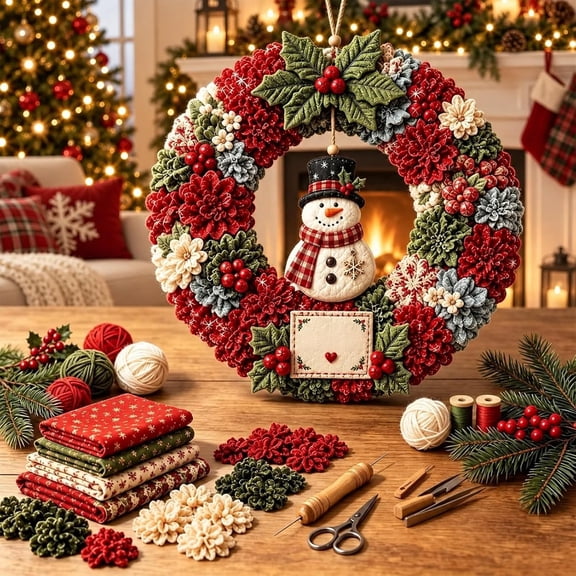 3D Fabric Poke Wreath DIY Kit - Frost Pearl Christmas Wreath, No-Sew Craft Poke Art Kits, Beginner-Friendly Creative Fabric Craft Project for Door Wall Window Home Christmas Decor