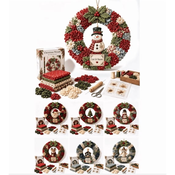 3D Fabric Poke Wreath DIY Kit – Multiple Festive Styles, No-Sew Christmas Wreath Craft for Adults, Beginner-Friendly Fabric Art Kit for Door Decor Gift