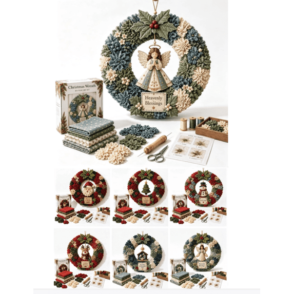 3D Fabric Poke Wreath DIY Kit – Multiple Styles Available, Beginner-Friendly Christmas Wreath Making Kit with 3D Texture, Festive Door Decor Craft for Adults,Angel