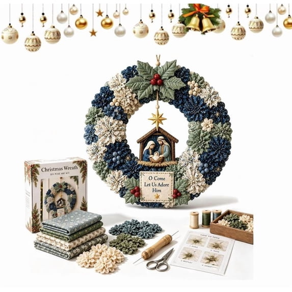 3D Fabric Poke Wreath DIY Kit, Premium Christmas Fabric Kit, Customizable Reindeer Tree Design for Xmas Party Decor (Nativity)