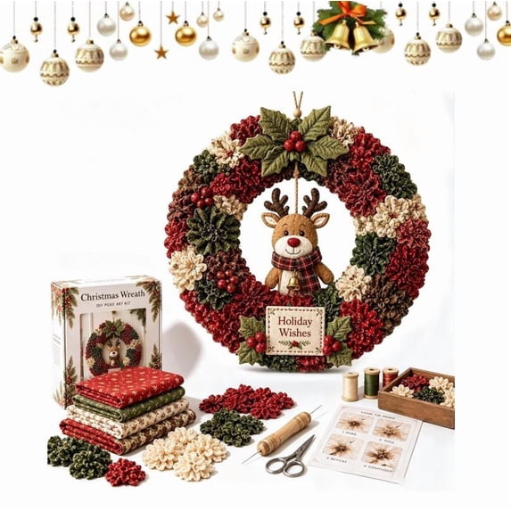 3D Fabric Poke Wreath DIY Kit, Premium Christmas Fabric Kit, Customizable Reindeer Tree Design for Xmas Party Decor (Reindeer)