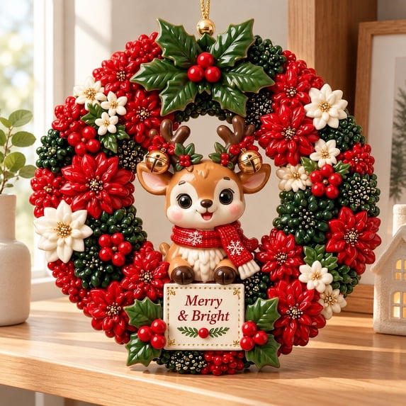 3D Fabric Poke Wreath DIY Kit, Reindeer Wreath Making Kit for Beginner Crafters with Clear Guide, Easy Punch Needle Project for Holiday Craft Night and Handmade Gifting