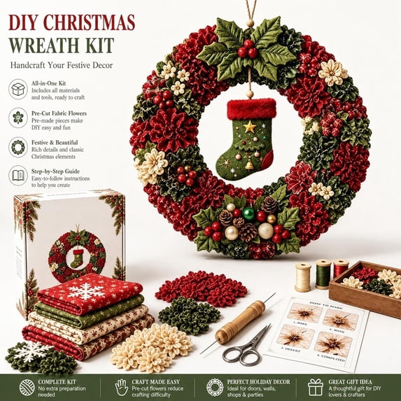 3D Fabric Poke Wreath DIY Kit for Adults Christmas Holiday Decor, Christmas Wreath DIY Kit, Beginner-Friendly Handmade Wreath