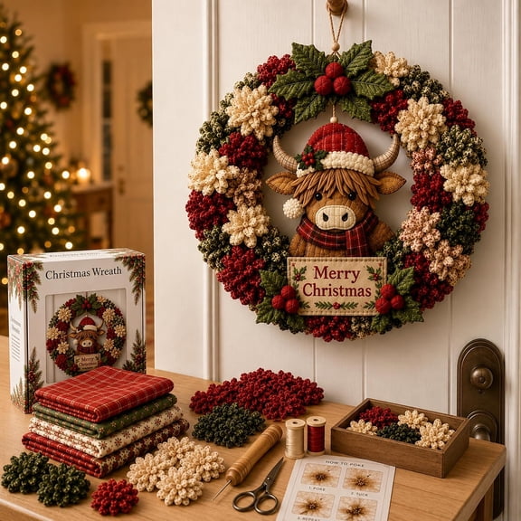 3D Fabric Poke Wreath DIY Kit for Adults, Christmas Wreath Kit with Poke Tool, Door Decor, Handmade Highland Cow Gift