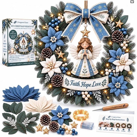 3D Fabric Wreath Kit, Hand Assembly Christmas Wreath with Light String and Figures, DIY Holiday Decoration for Door Wall Hanging Winter Home Decor(E)