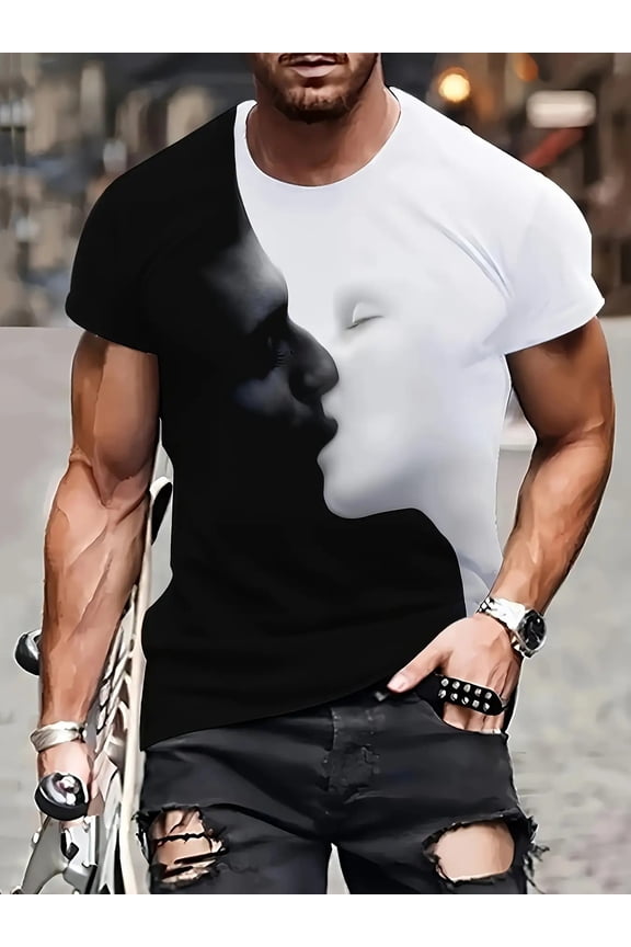 3D Face Print T-Shirt - Black and White Split Design with Iconic Lip Pattern Soft Breathable Polyester Crew Neck T-Shirt Suitable for Streetwear and Casual Wear Machine Washable Fake Face Novelty Top