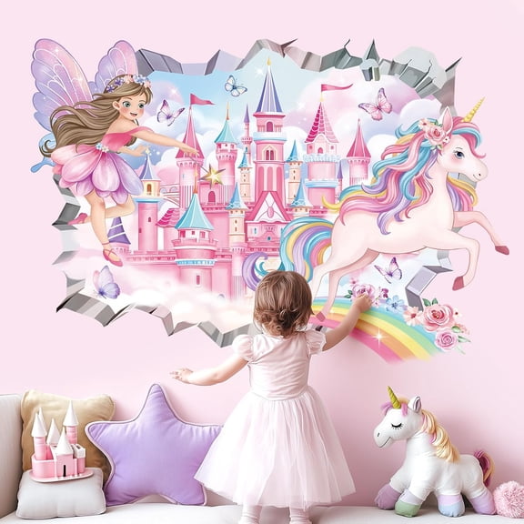 3D Fairy Princess Wall Decals Castle Unicorn Crack Hole Rainbow Wall Stickers Girls Bedroom Baby Nursery Kids Room Wall Decor