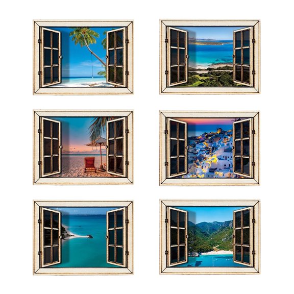 3D Fake Window Fridge Magnets, Scenic Landscape View Decor, 3D Illusion Magnetic Stickers for Kitchen Home Office Dorm, 6 Pack Wood Look