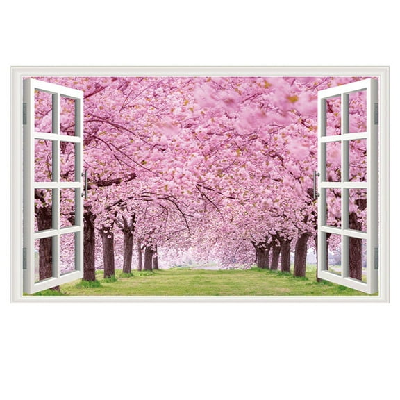 3D Fake Window View Wall Sticker Natural Scenery Fake Window Stickers Sakura Snow Mountain Village Theme Wallpaper for Home