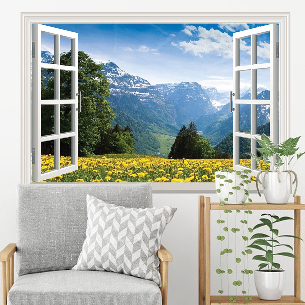 3D False Window Decoration Painting PVC Sticker Living Room Bedroom Wall Decoration Painting Wall Sticker Custom Stickers,Green