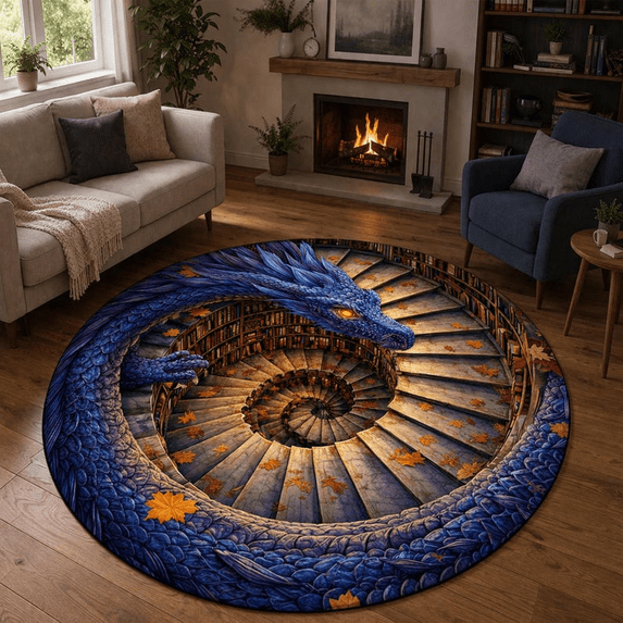 Dragon Texture Rug 3D Fantasy Blue Dragon Spiral Library Round Rug, Magical Bookshelf ...