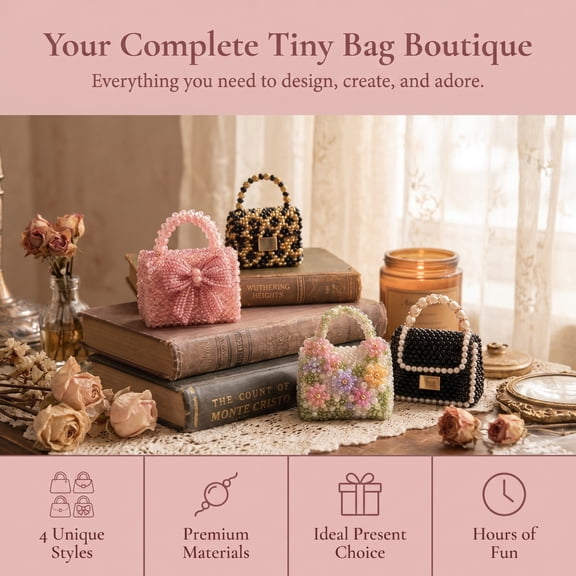 3D Faux Pearl Tiny Beaded Purse Boutique DIY Kit, 4 Style Mini Handbag Making Supplies Set, Complete Needle Thread Bead Organizer Kit, Arts Crafts Table Decor Gift for Adult Beginners