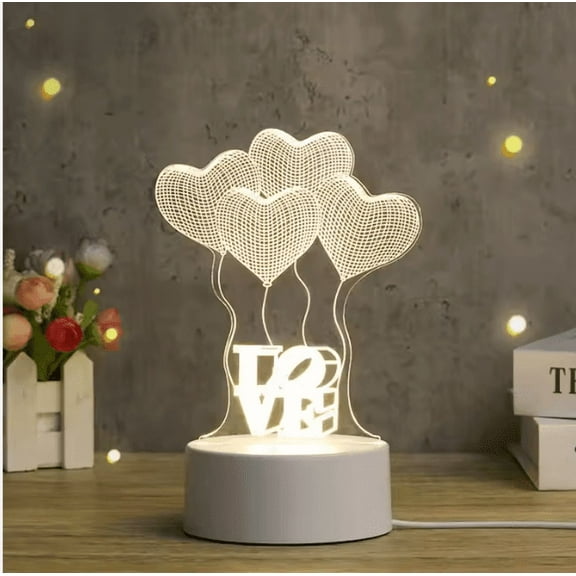 3D LED Illusion Night Light with Heart Balloons and LOVE Design