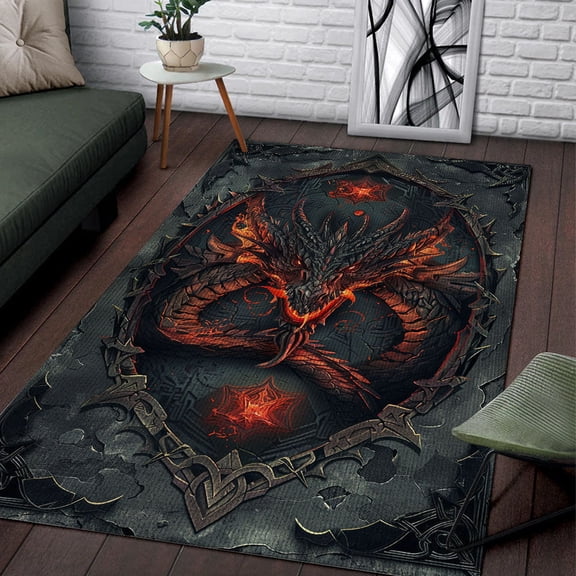 3D Fire Dragon Rectangle Area Rug – Non-Slip – for Living Room, Bedroom, Office, Hallway – Modern Home Decor Carpet – Non-Slip Backing – Machine Washable