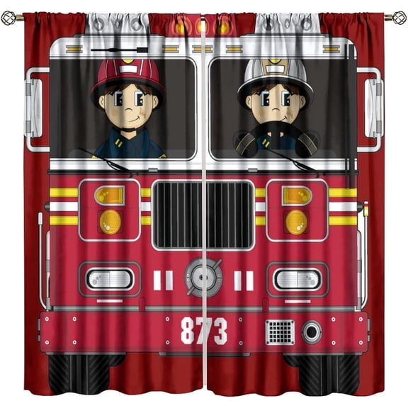 3D Fire Truck Curtains, Cartoon Fire Engine Curtains Black Red Firemen Car Window Curtains for Bedroom Fire Fighting Room Bedroom 55" W X 63" L