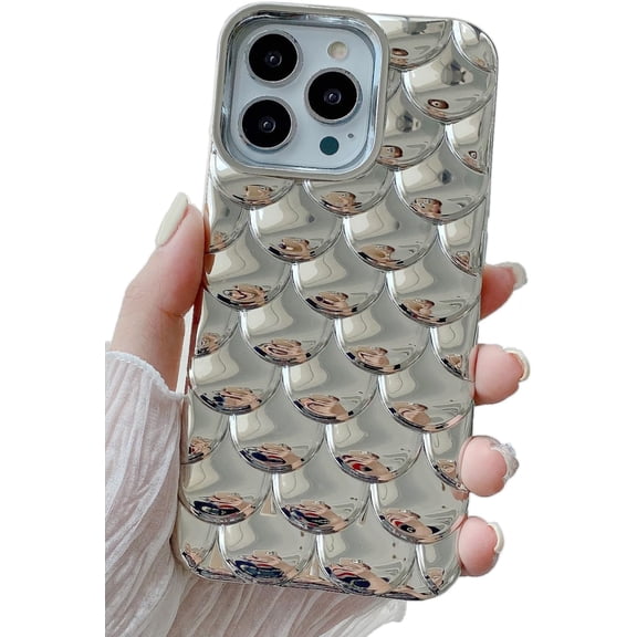 3D Fish Scale Plating Solid Color Soft  for iPhone Case (Silver,iPhone 11)