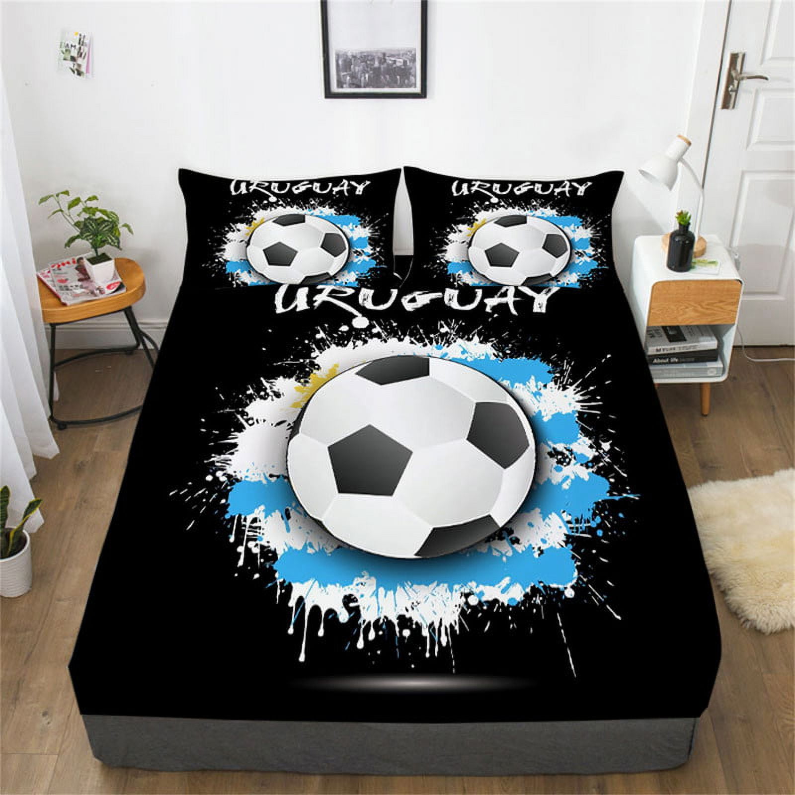 3D Fitted Sheet Set Black Bedclothes Soccer Bedsheet Football Bedspread ...