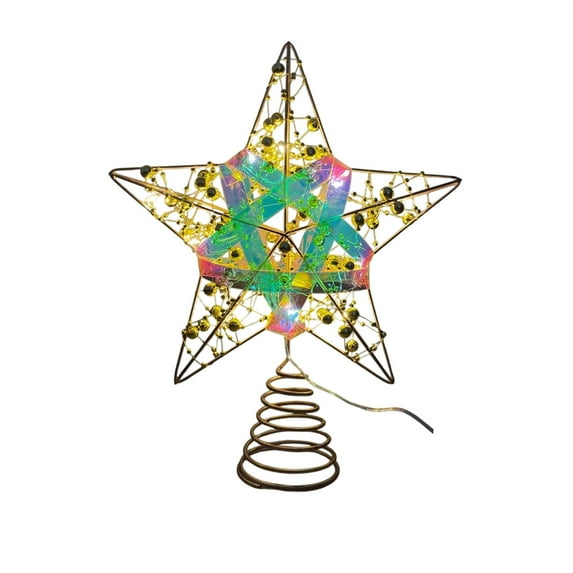 3D Five-Pointed Christmas Tree Topper Star – Wrought Iron Tree Decoration with 20 LED Lights – Multicolor or Gold Finish for Holiday Tree Top