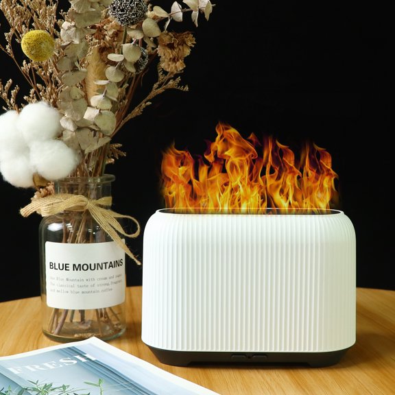 3D Flame Aroma Diffuser, 150ml Mini Ultrasonic Essential Oil Diffuser, Cool Mist Humidifier with Simulated Fire, Color Lights, Wood-Grain Finish, Quiet USB Desk Diffuser for Bedroom Office