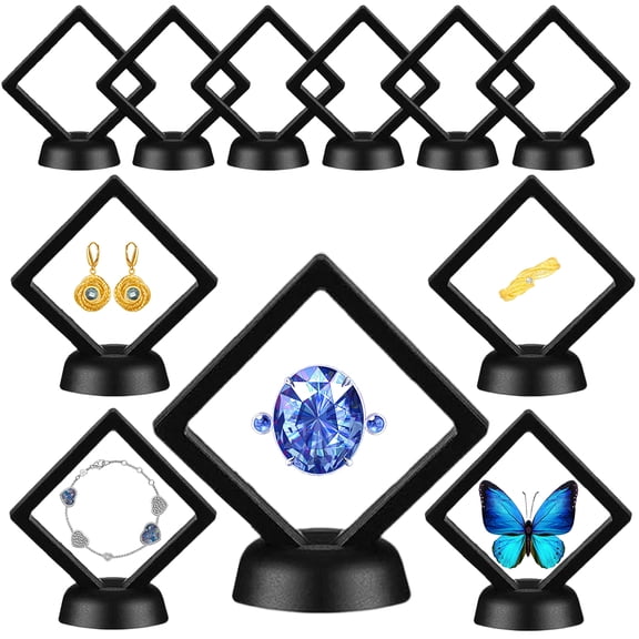 3D Floating Display Case 2.7" Black, 12PCS Clear Film Jewelry Storage Box Plastic Frame Stand for Challenge Coin Butterfly Fossils Rocks Shark Tooth