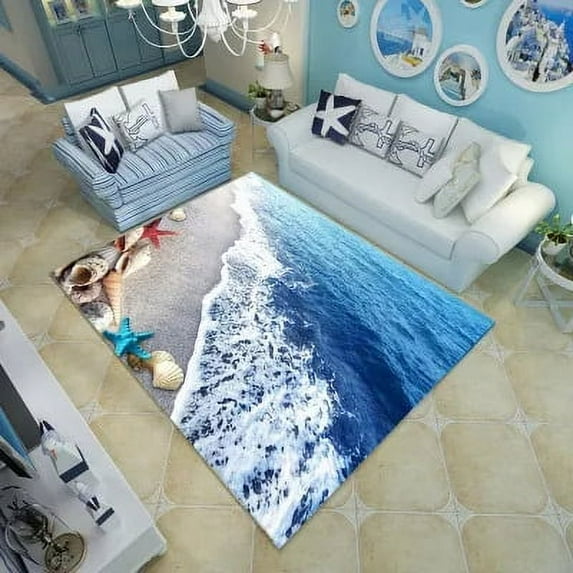 3D Floor Mat Rugs Kitchen Beach Waves Runner Carpet Kitchen Washable Non-slip Living Room Carpet Marine Bath Mat Ocean Shells