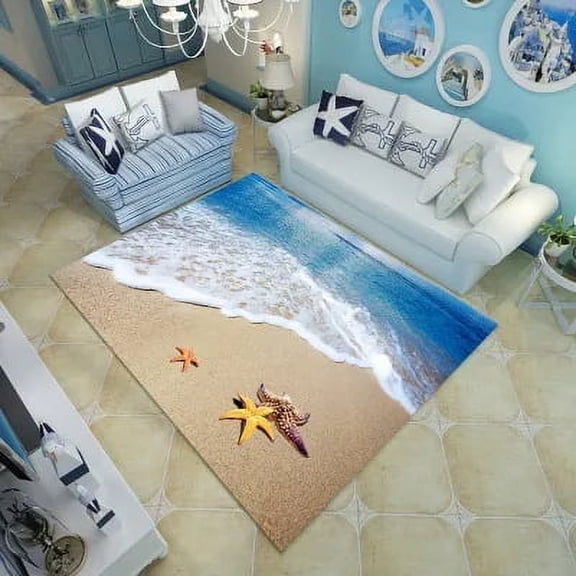 3D Floor Mat Rugs Kitchen Beach Waves Runner Carpet Kitchen Washable Non-slip Living Room Carpet Marine Bath Mat Ocean Shells