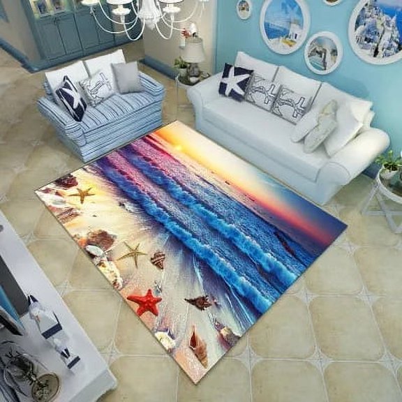 3D Floor Mat Rugs Kitchen Beach Waves Runner Carpet Kitchen Washable Non-slip Living Room Carpet Marine Bath Mat Ocean Shells