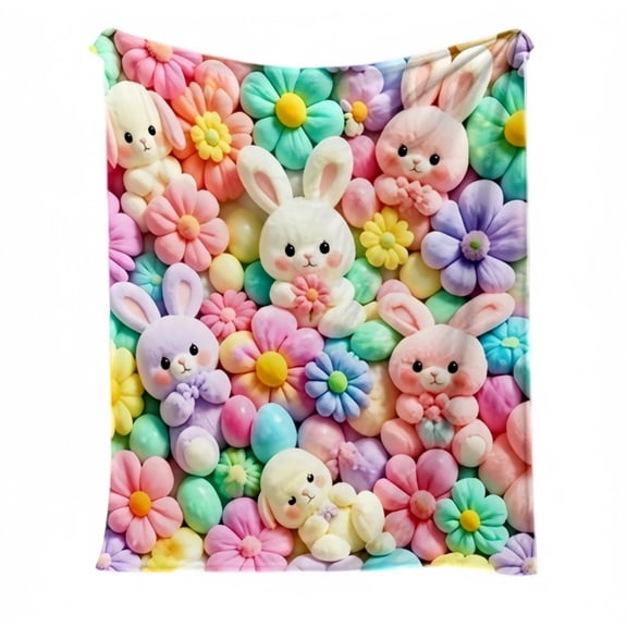 3D Floral Bunny Printed Flannel Fleece Blanket, Cute Soft Cozy Plush Throw Blanket for Sofa Bedroom Home Decor