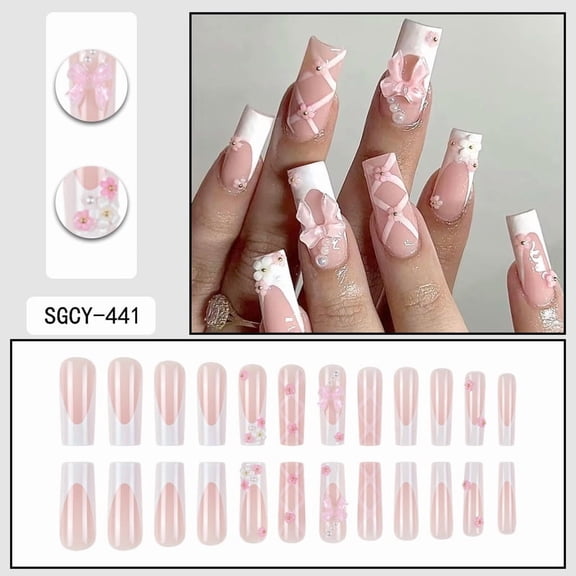 3D Floral French Tip Press On Nails 24 Piece Set with Bow Details Salon Quality Manicure Kit Gifts for Women