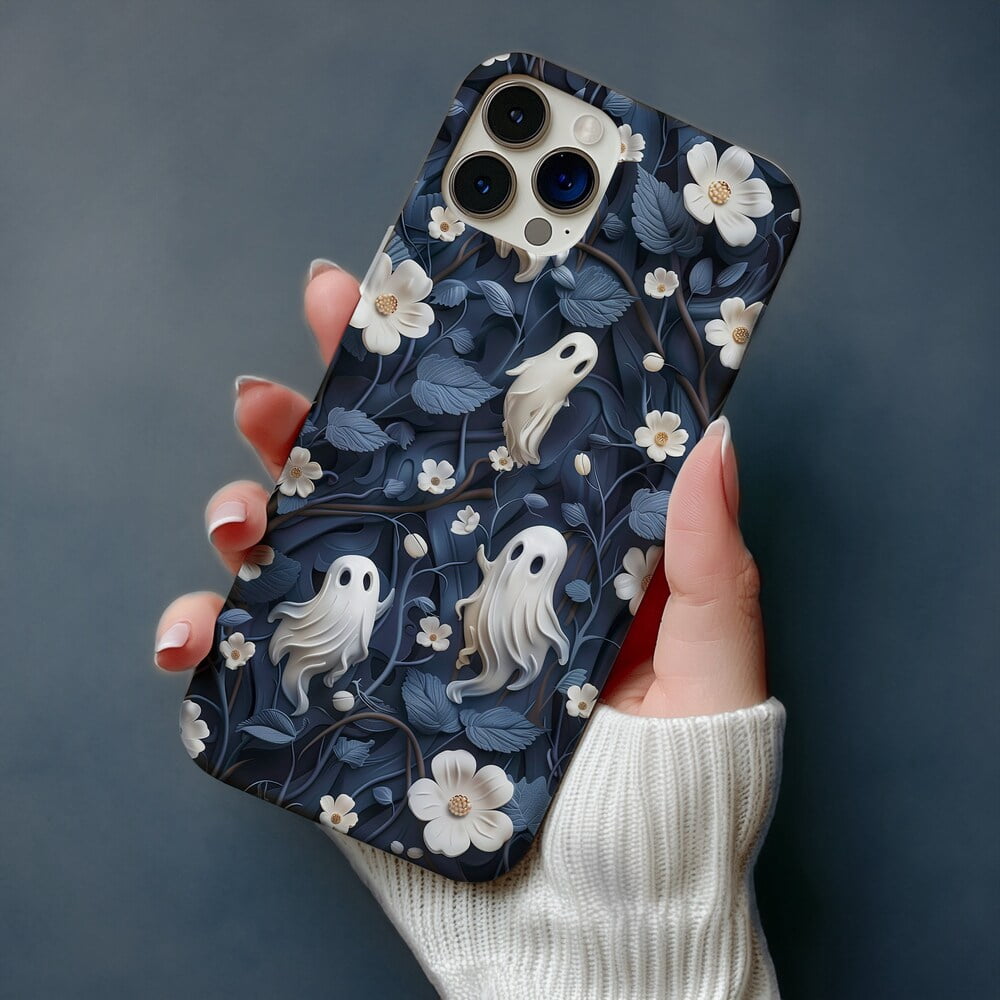 3D Floral Ghost Halloween Themed Phone Case with iPhone 17 to 11 Pro ...