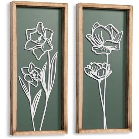 3D Floral Green Wall Art (Set of 2) Lightweight, Wooden Ready-to-Hang Boho Framed Wall Art for Bathroom, Bedroom, Living Room or Office – Premium Sage Green Farmhouse Decor – Gift-Boxed