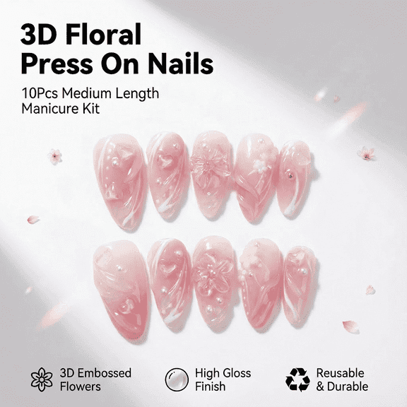 3D Floral Press On Nails, Almond French Tip False Nails for Women, Small Length
