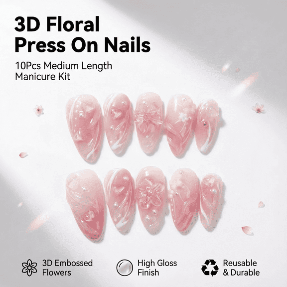 3D Floral Press On Nails, Almond French Tip False Nails for Women, Medium Length